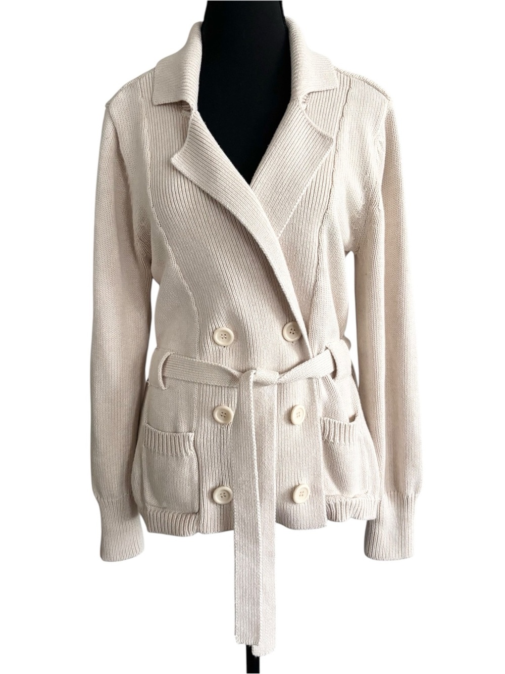 eight eight eight Cream Double-Breasted Knit Cardigan Jacket 100% Cotton
